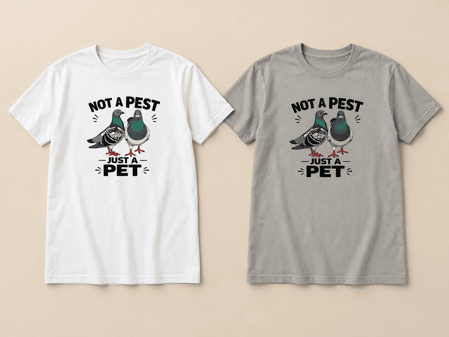 Not a Pest, Just a Pet, 2 T-Shirts nebeneinander, weiß und grau, Druck mit zwei Tauben