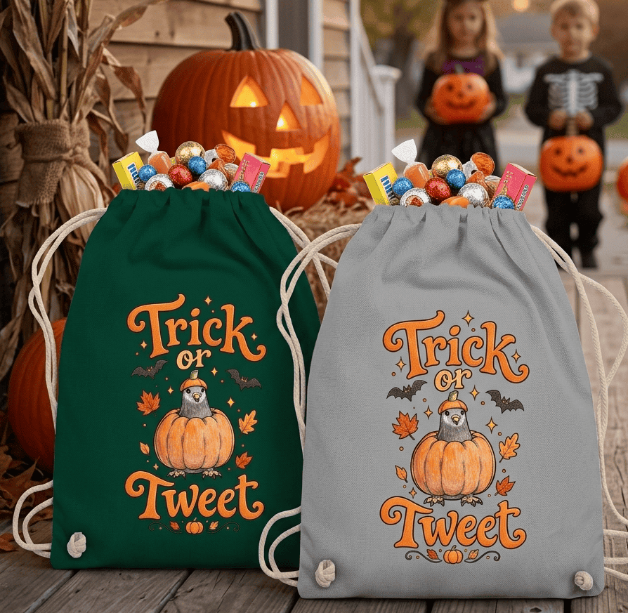 Zwei Beutel nebeneinander mit einem "Trick or Treat" Halloween-Design
